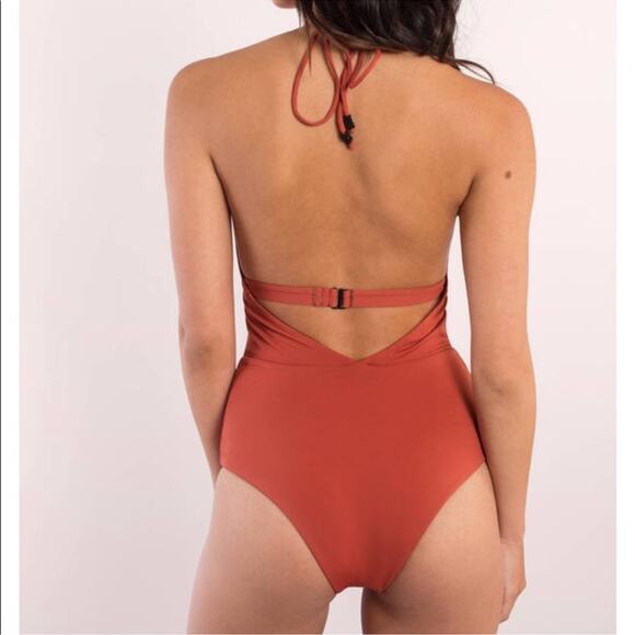 Tavik “Emme” halter one piece rust red dusty plunge v neck high cut cheeky - Picture 2 of 10